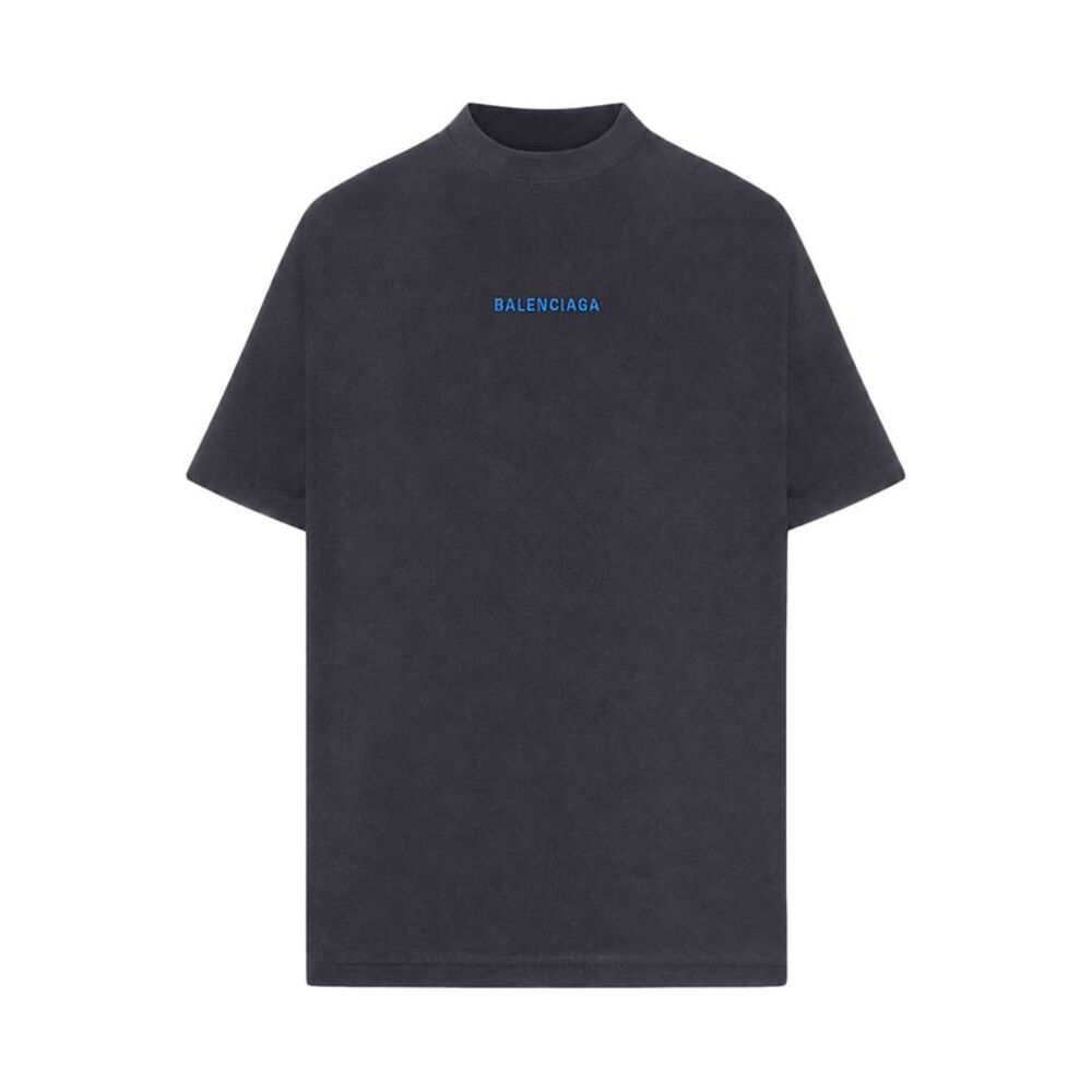 Balenciaga Men Medium Fit Black T-Shirt With Blue Logo